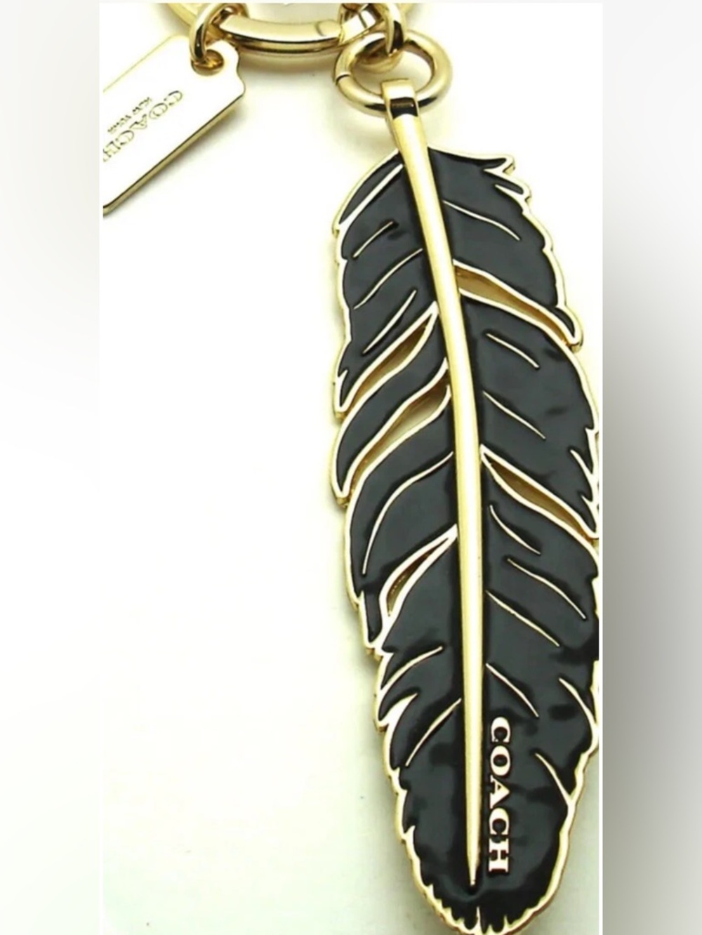 Coach Black and Gold Enamel Feather Keyring EUC